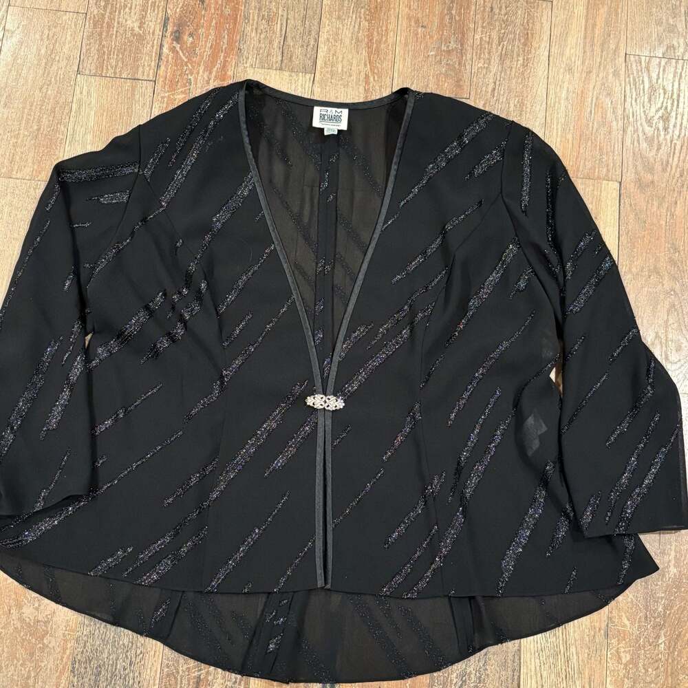 R&M Richards Karen Kwong Black Metallic Glitter Sheer Jacket Rhinestone Clasp Si